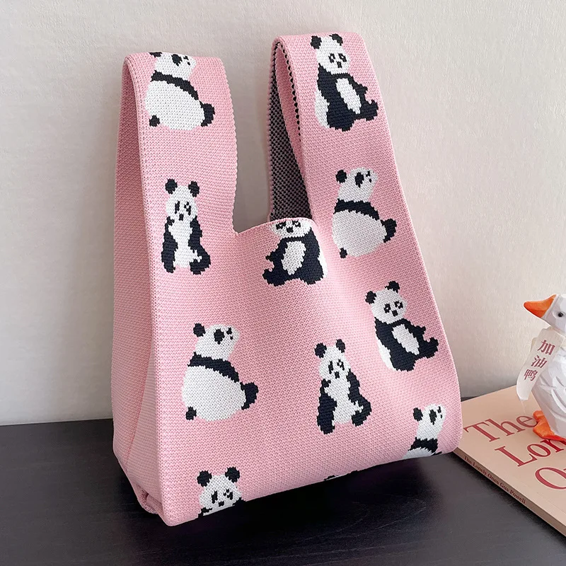 Fashion Handmade Knit Handbags Women Cute Panda Handbag Striped Casual Tote Bag Korean Design Mini Knot Reusable Shopping Bags