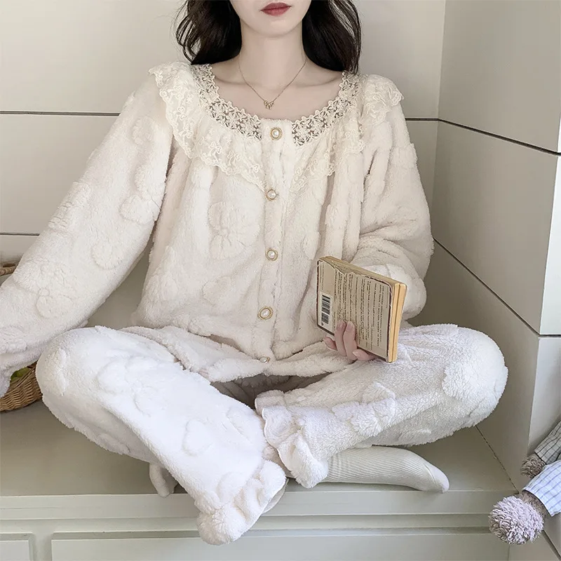Herbst Winter Korallen Fleece Frauen Pyjamas Fleece-gefüttert Mädchen verdicken lange Ärmel warm halten bequeme Nachtwäsche Homewear Anzug