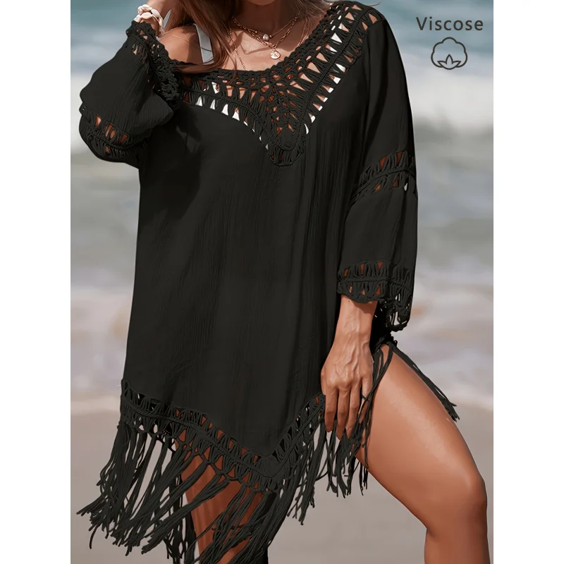 Women V Back Crochet Fringe Trim Cover Up Tunic Dolman 3/4 Sleeve Asymmetric Hem Loose Bikini Beach Swim