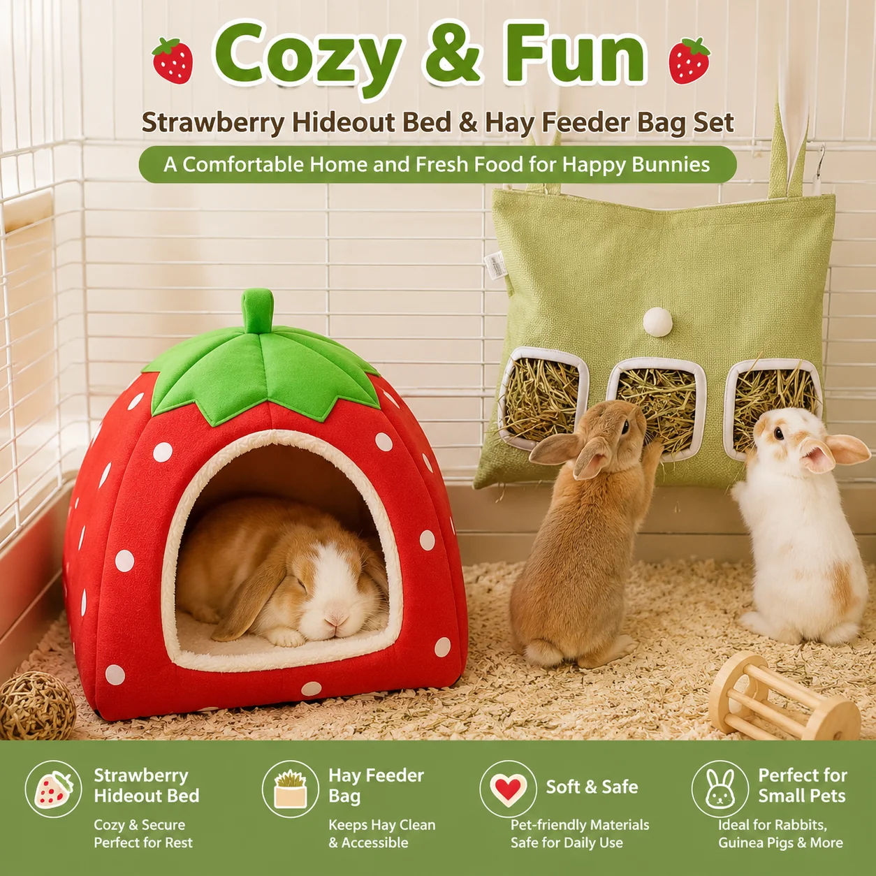 Image of 2-teiliges Set: Hasenbett & Heufuttersack, Erdbeer-Versteckhaus, Hängender Heuraum, Weiches Käfigzubehör für Kaninchen und Meerschweinchen