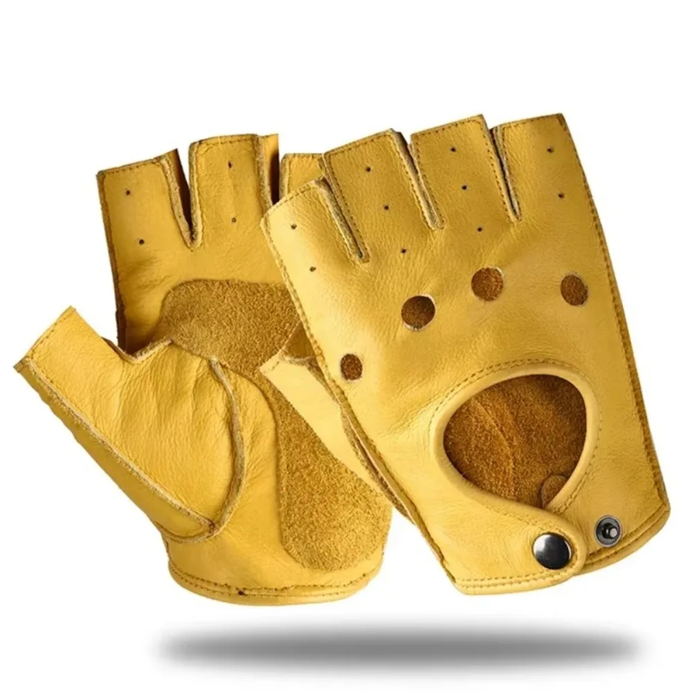 Retro Men Gloves Outdoor Sports Anti Slip Cowhide Gloves Cycling Driving Gloves Half Finger Gloves Fitness Motorcycle