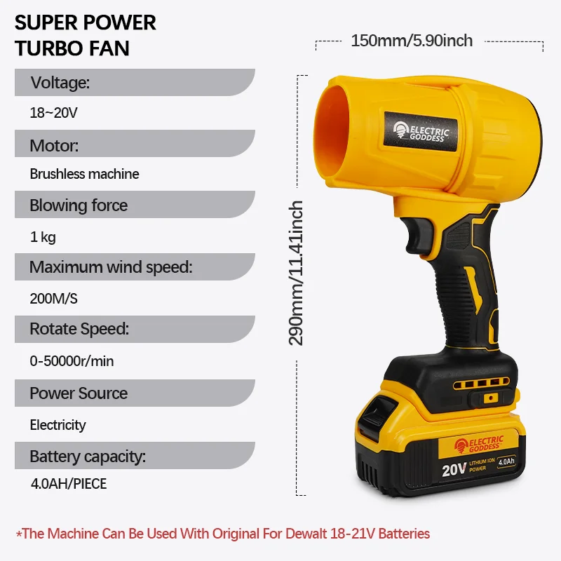 Electric Goddess Brushless Motor Electric Hair Drier Handheld Super Strong Wind Blower Power Tool For Dewalt 20V Battery