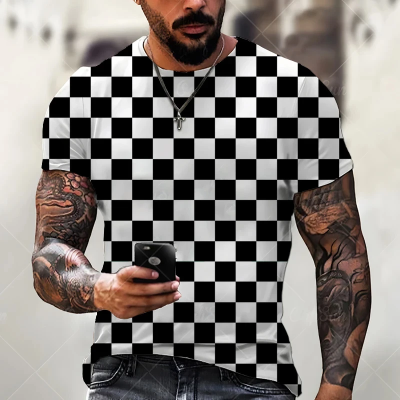 Men\'s Trendy New T-shirt 3D Print Square Check Graphic T Shirts Harajuku Short-sleeve Tops Men Clothing Versatile Oversized Tees