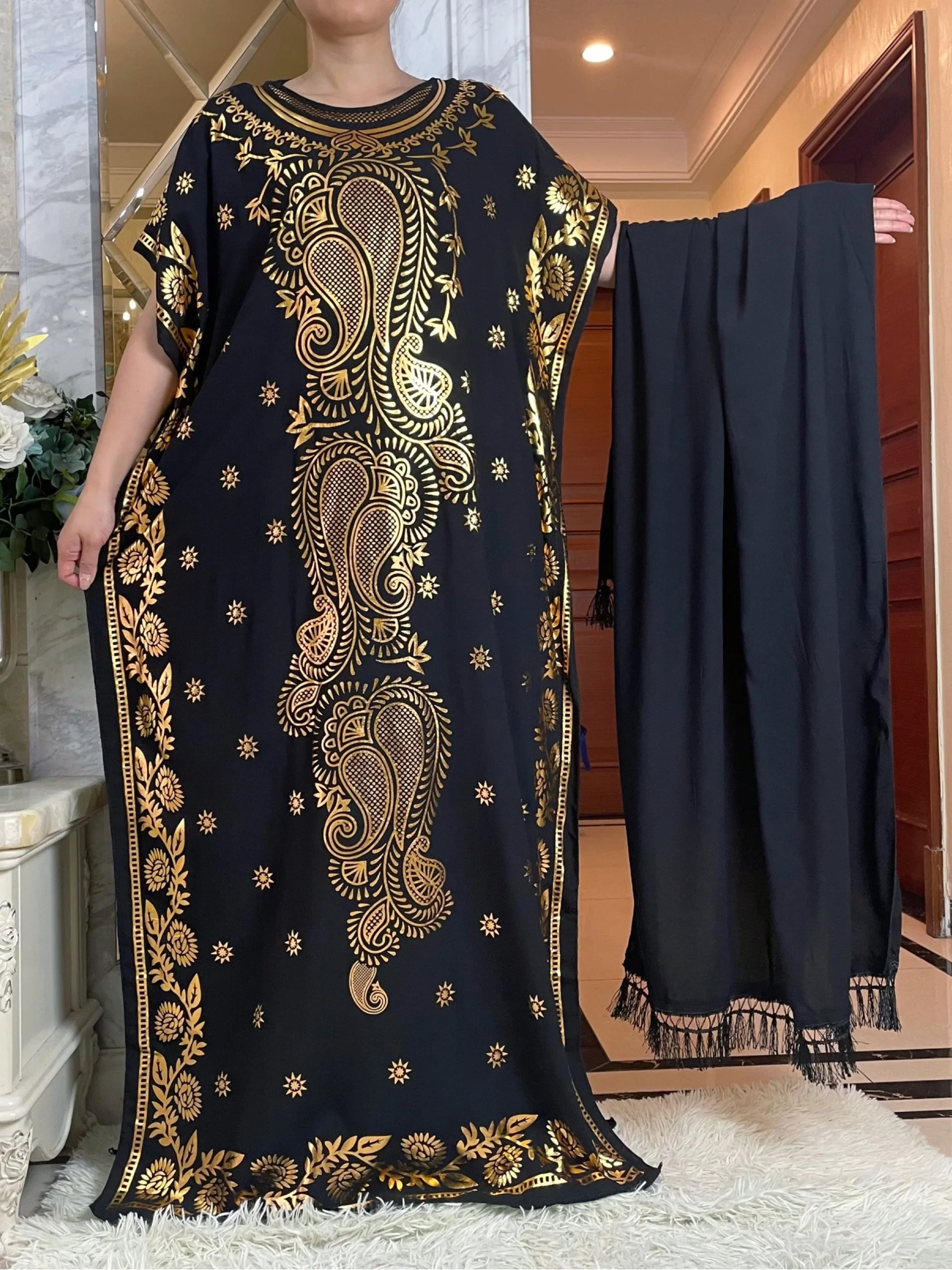 2024 Fashion Summer Dress With Big Scarf Dubai Turkey Kaftan Muslim Loose  Abaya Women African Casual Maxi  Gold Stamping  Robe