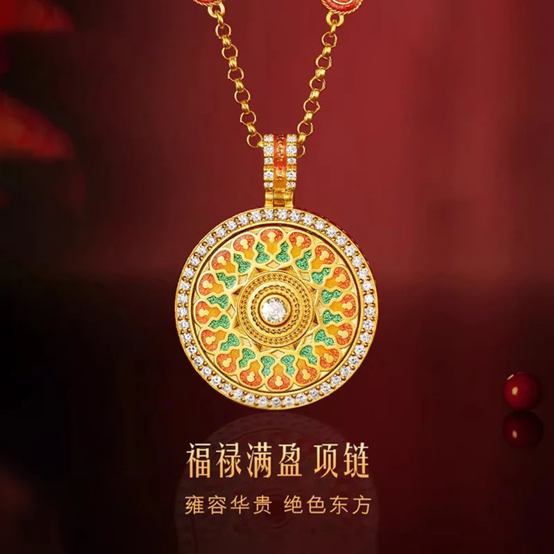 Luxury 24K 9999 Pure Gold real gold Women's Enamel Smart Rotating Pendant Diamond Gourd Compasses Necklace
