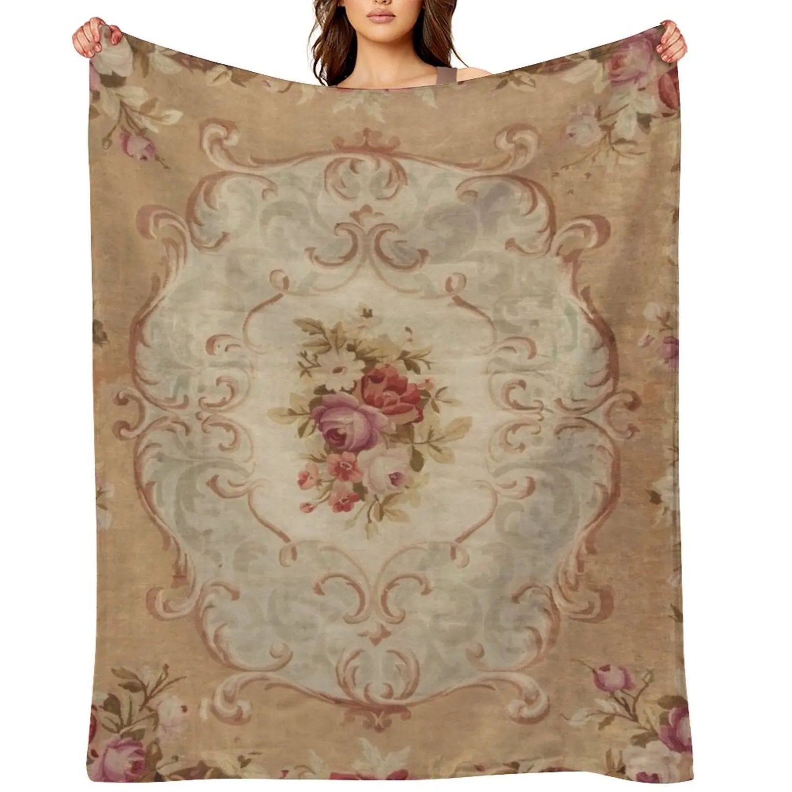 

Antique Rose Floral French Aubusson Rug Print Throw Blanket for sofa Large Plush Blankets