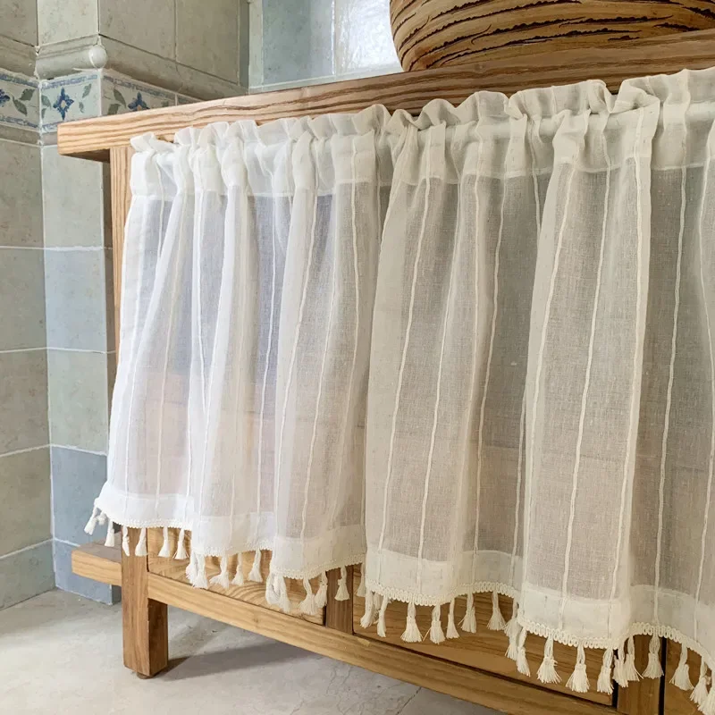 Boho Sheer Curtain Valance Striped Lace Short Curtain Drape with Tassels Rod Pocket Semi-Sheer Window Treatment for Cafe Kitchen