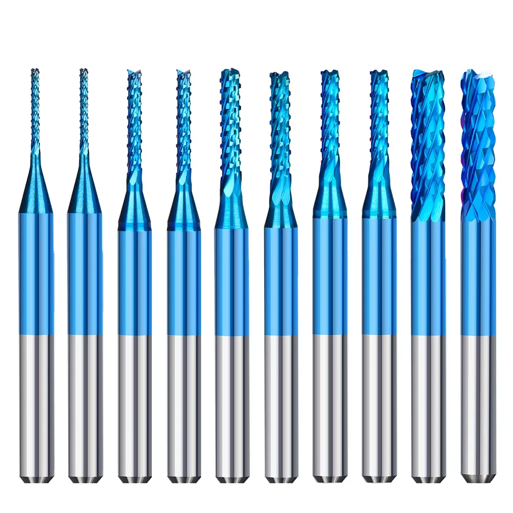 PCB Milling Cutter 0.6-3.175mm Corn End Mill Set 1/8\'\' Shank CNC Machine Router Bit Nano Blue Coated Carbide Milling Tool Bit