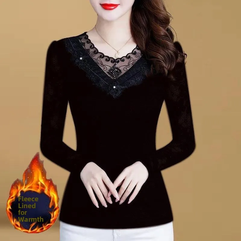 Thickened Fleece High Collar Long Sleeve Women's T-shirt Lace under Shirt Warm Slim Fit Large Size Winter New Style Top