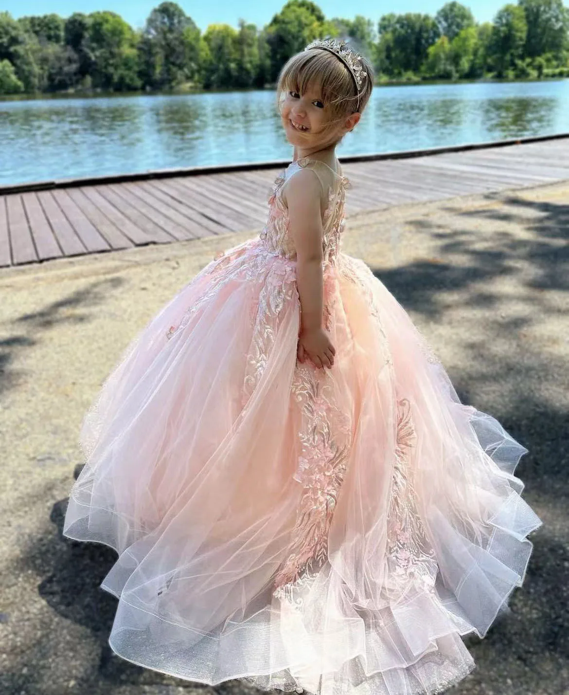 

Light Pink Flower Girl Dress For Wedding Tulle Puffy Applique Sleeveless Princess Child First Eucharistic Birthday Party Dress