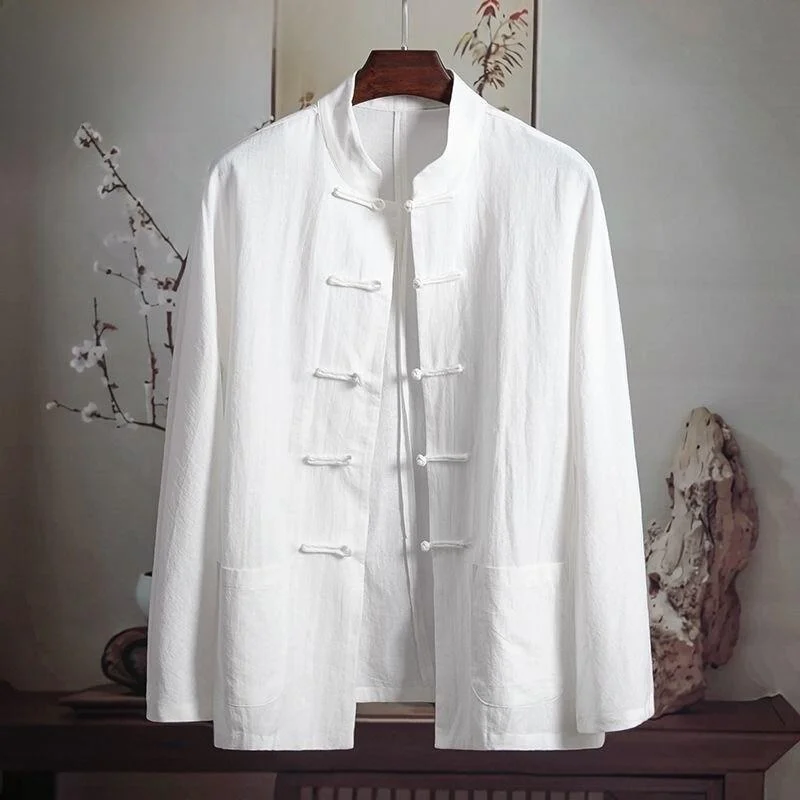 Loose Fit Long Sleeve Cotton Linen Men's Chinese Style Shirt Thin Outerwear Jacket Breathable Comfortable Spring Fashion