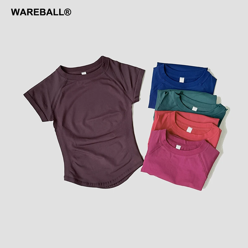 WAREBALL Fitness Seamless Crop Top Sports T Shirt Women Gym Wear Yoga Short Sleeve Elastic Round Neck Running Workout Tee