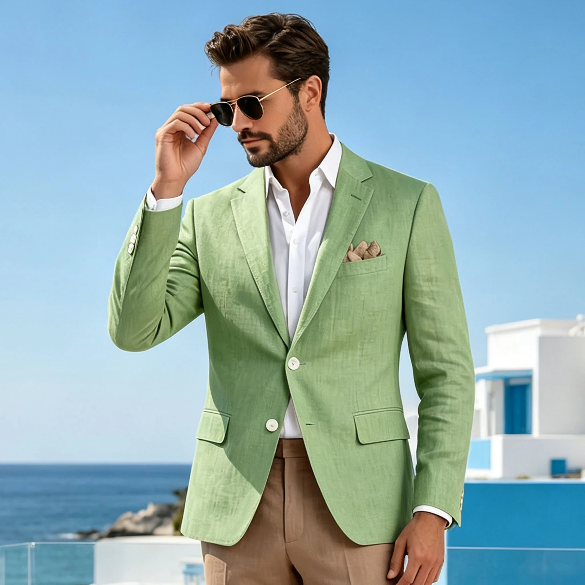 Men's Linen Blend Blazer Notched Lapel Slim Fit 2 Buttons Casual Suit Jacket Lightweight Breathable Sport Coat Summer Wedding