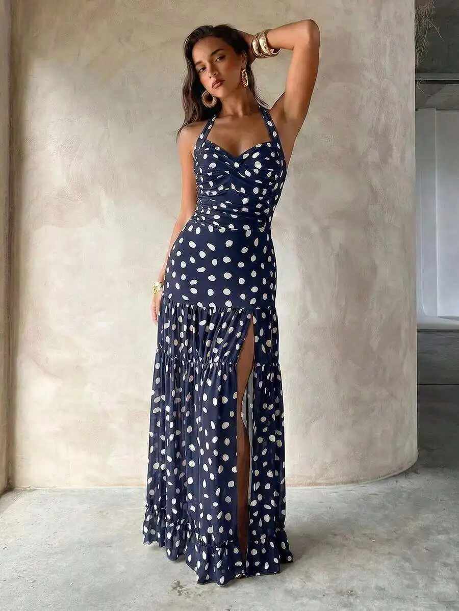 

Polka Dot Halter Neck Maxi Skirt Set For Women Vacation Elegant Dress