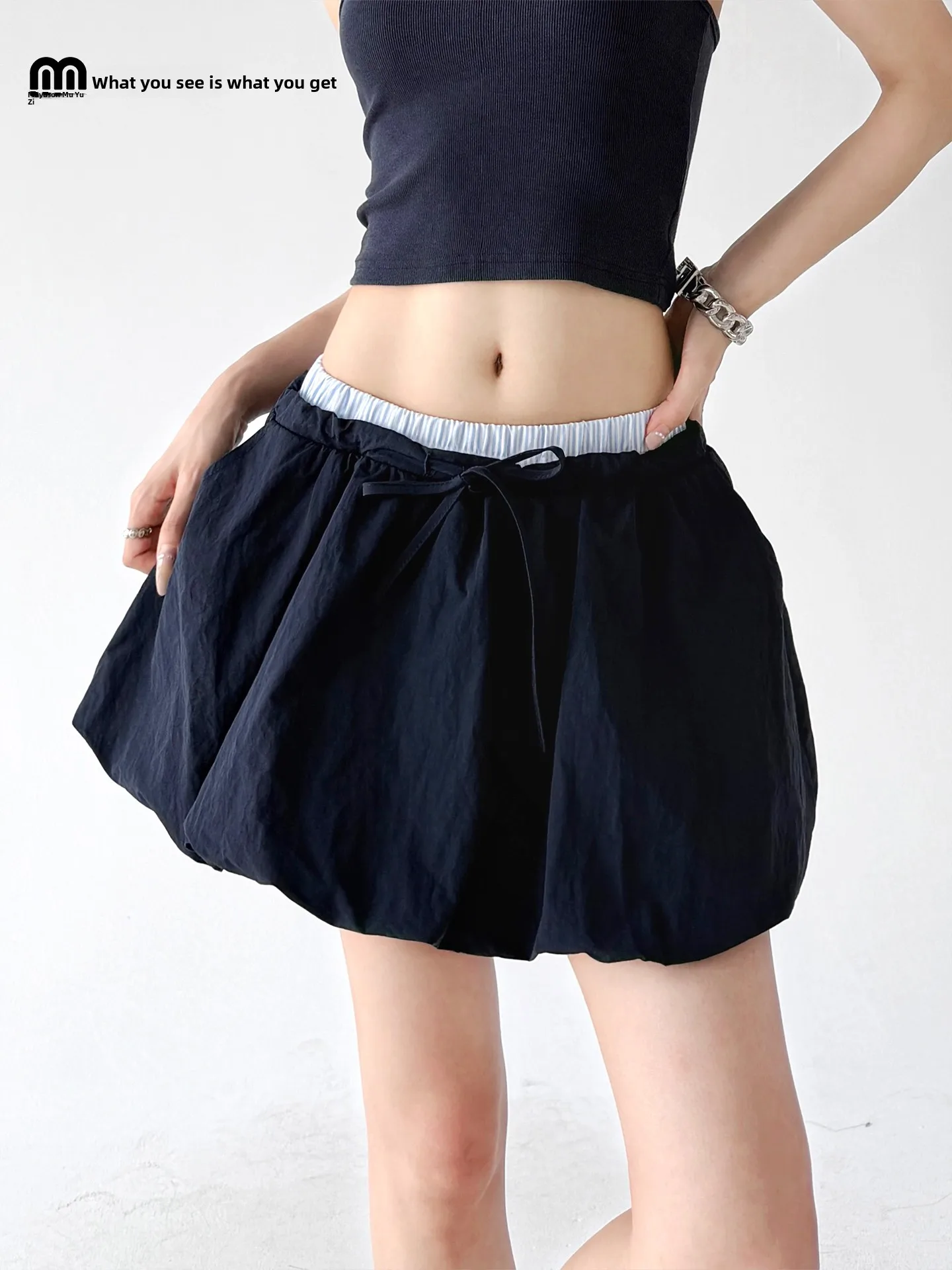 

Black Slimming A-Line Flower Bud Half Skirt Women's Summer 2026 New Style High Waist Nylon Fabric Bow-Tied Short Skirt