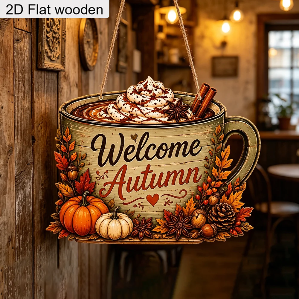 2D Flat Welcome Autumn Coffee Cup Wooden Hanging Plaque Pumpkin Fall Farmhouse Thanksgiving Front Door Wall Decoration