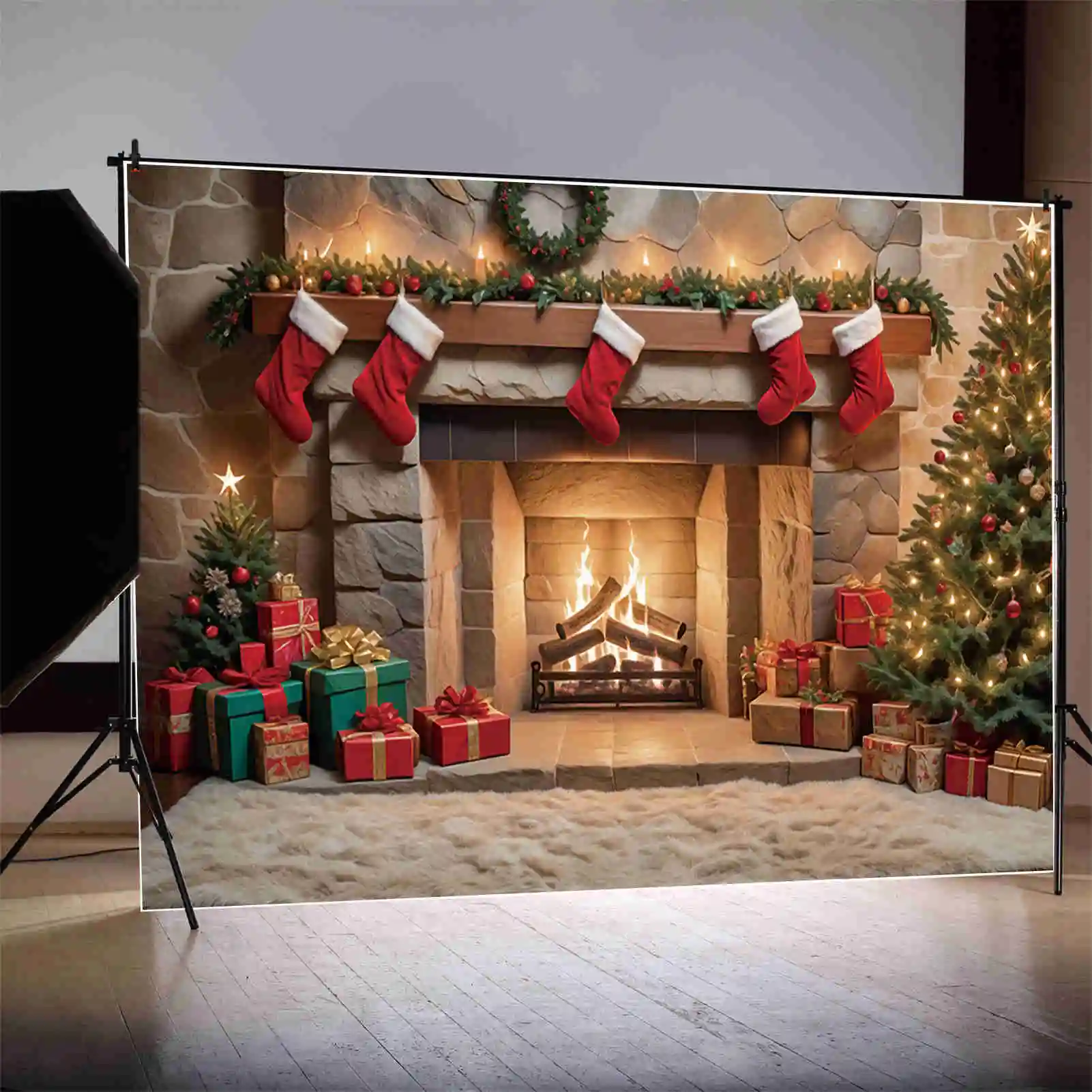 MOON.QG-خلفيات إطار موقد عيد الميلاد ، خلفيات شجرة مدفأة داخلية مزخرفة ، إكسسوارات تصوير حفلات ، هدية