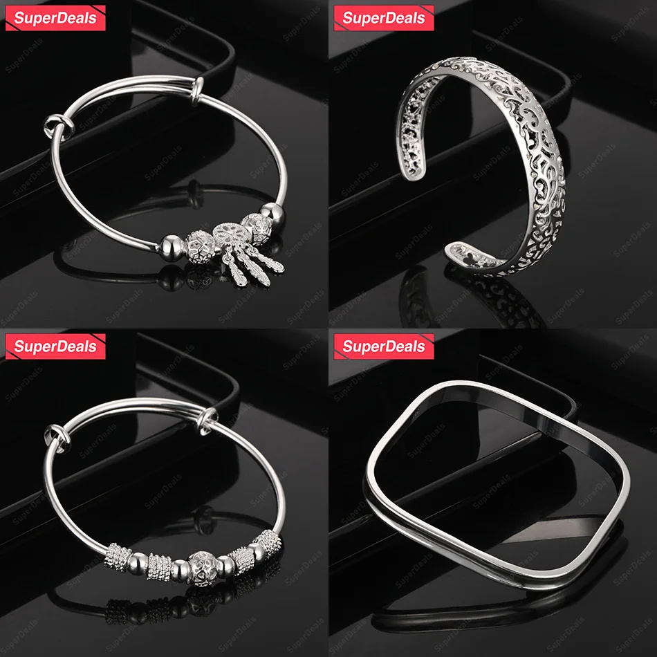

SuperDeals 925 Sterling Silver Beads Feathers Round Square Bangles Anniversary Party Men And Women New Fashion Trend Jewelry