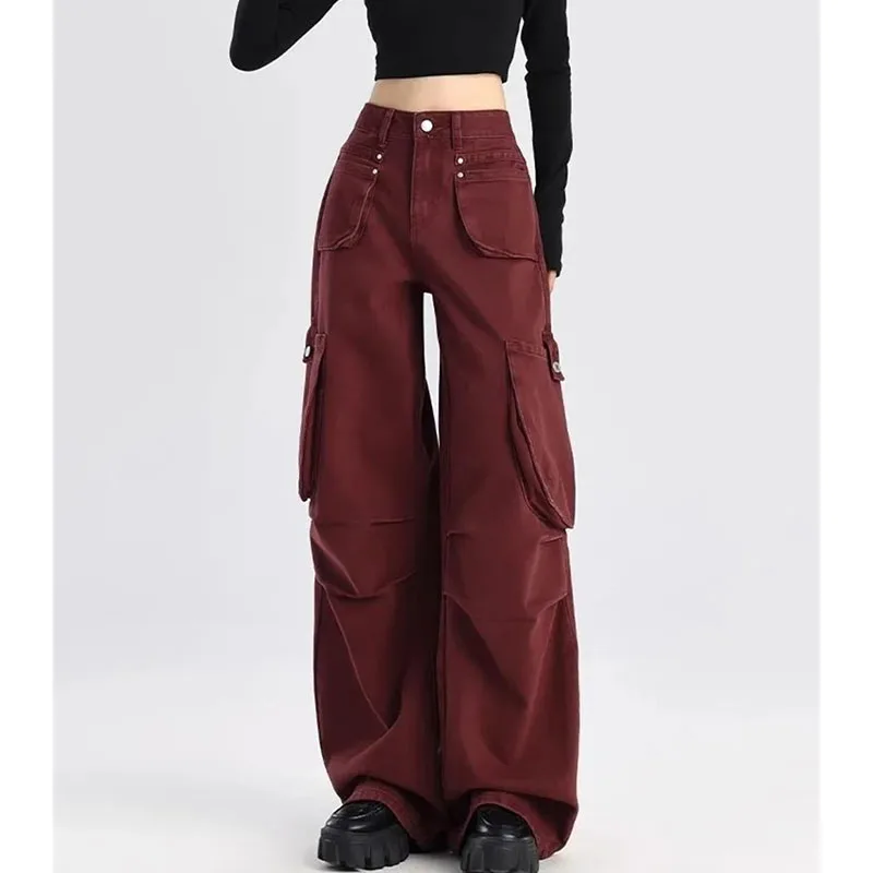 Spring Autumn Femme High Waist Denim Pantalons Ladies Multi Pocket Work Cowboy Straight-leg Trousers Korean Women Wide Leg Jeans