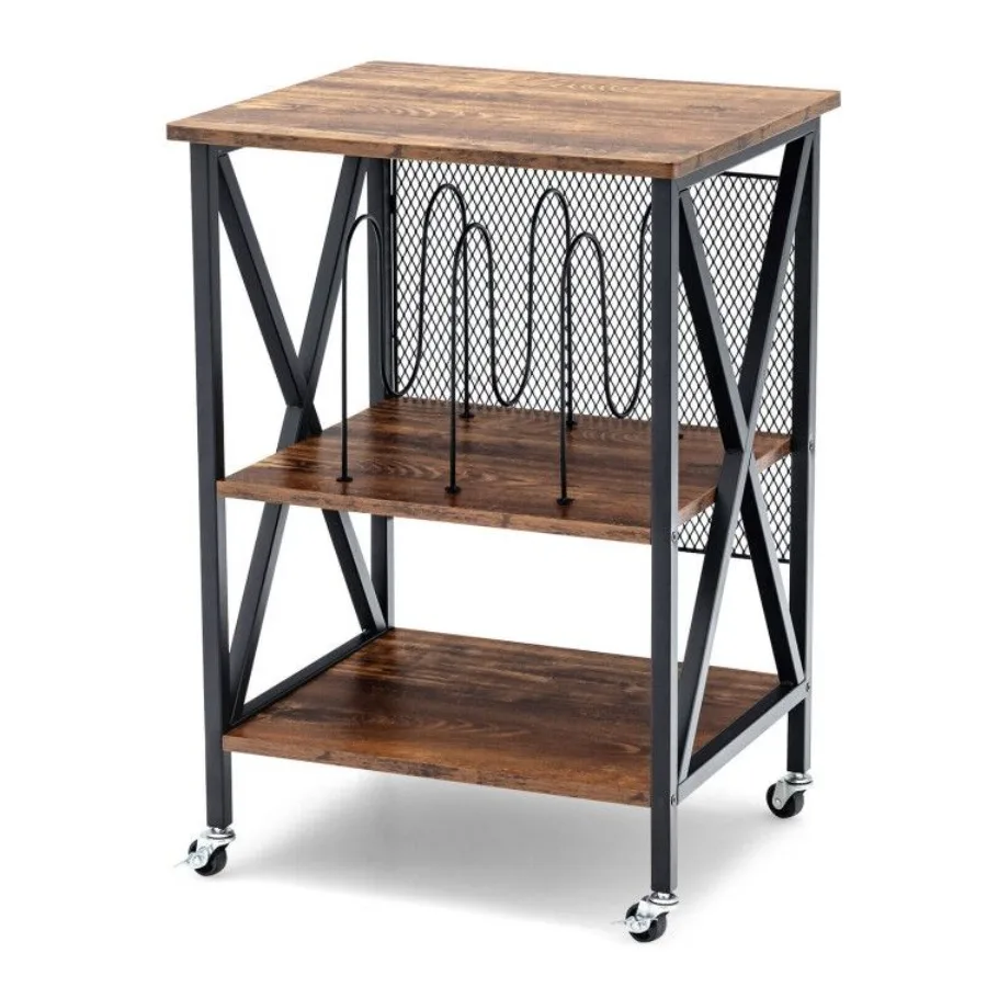 

3 Tiers Vintage Style Rolling End Table with 3 Dividers for Albums