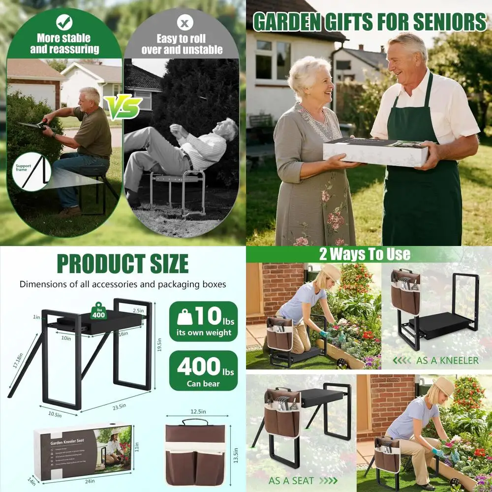 

Folding Garden Stool with 400 lbs Capacity, Thick Cushion, Support Legs, and Large Tool Bag, Black