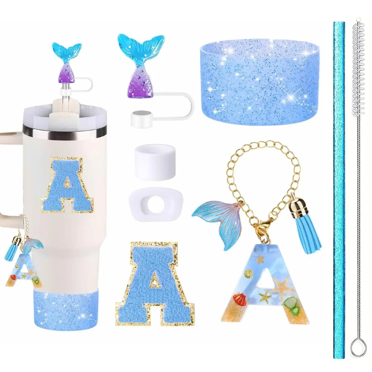 Mermaid Pendant Key Chain for Stanley Resin Letter Sequin Holder Water Cup Towel Embroidered Accessory