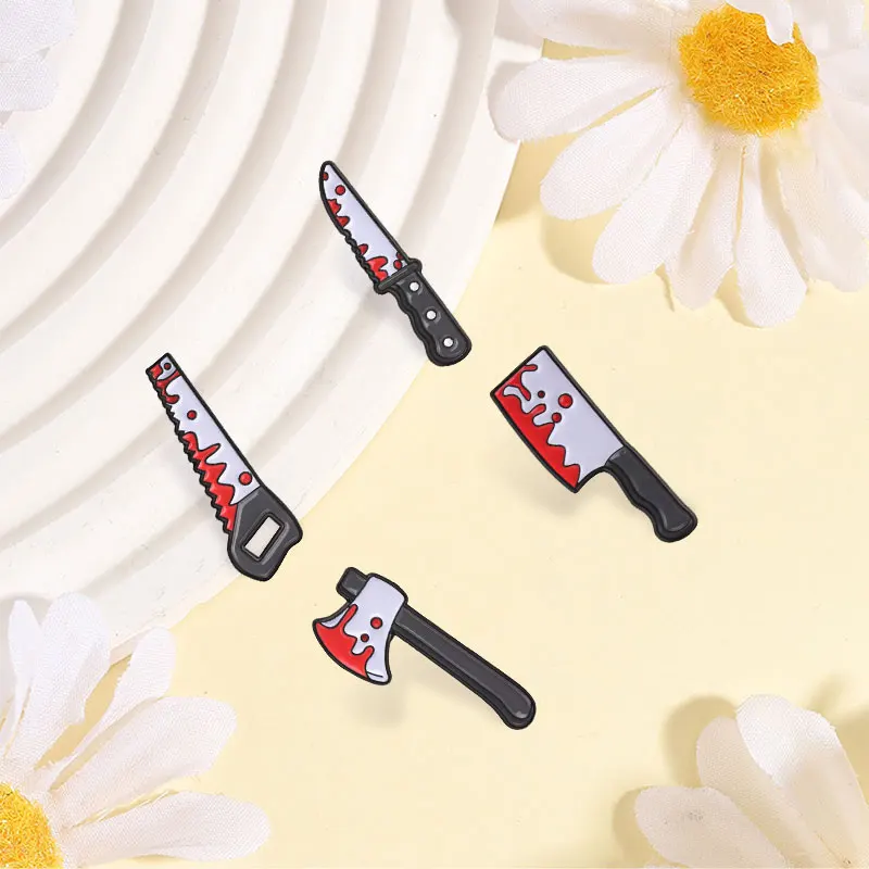 Horror Movie Dripping Blood Axe Knife Hand Saw Enamel Pin Vintage Halloween Inspiration Brooch Backpack Lapel Badge Jewelry Gift