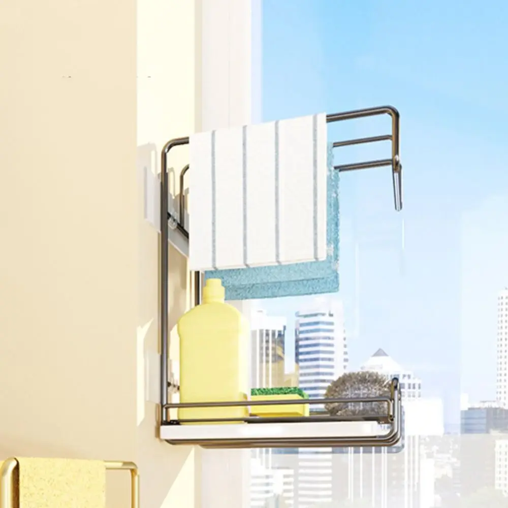 

Free Punching Kitchen Storage Rack with Drain Tray Adhesive Kitchen Drain Rag Rack Wall-mounted Sponge Holder Desktop