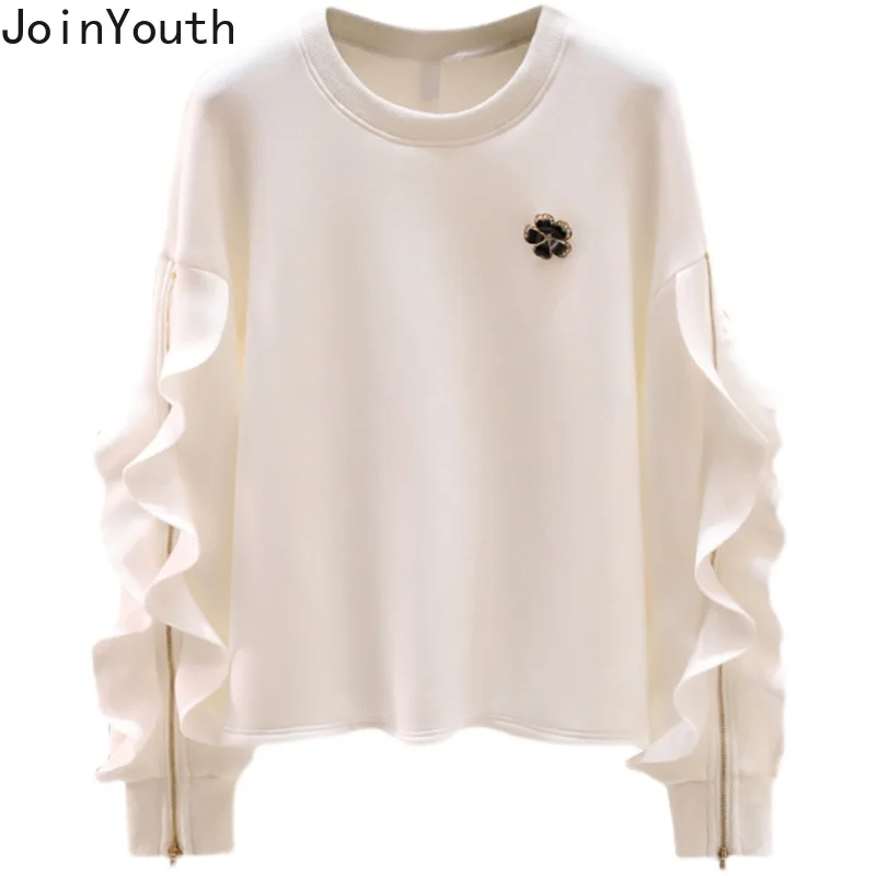 Joinyouth abbigliamento per adolescenti felpe alla moda coreana donna o-collo increspature pullover con cerniera top allentato Casual dolce felpe