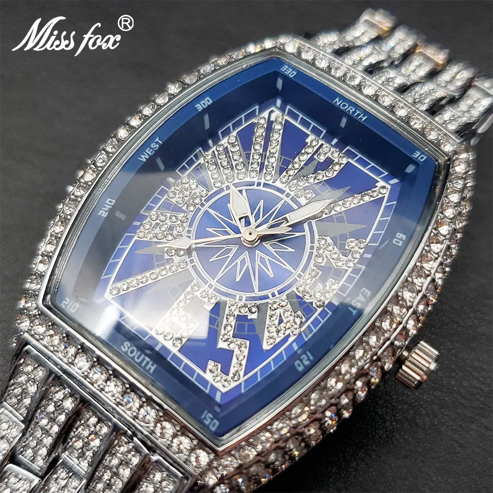 Iced Out Watch For Men Big Wrist Full Diamond Quartz Watches Men\'s 55mm Blue Face Hip Hop Accessories Waterproof Reloj Hombre