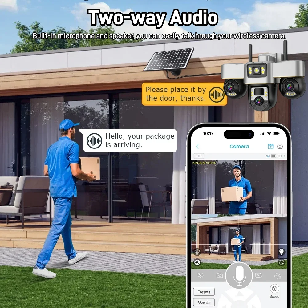 Telecamere WIFI solari da 15 MP Outdoor 3 in 1 Obiettivo PTZ Supporto di sorveglianza della batteria Visione notturna V380 PRO Telecamere di sicurezza con zoom 10X