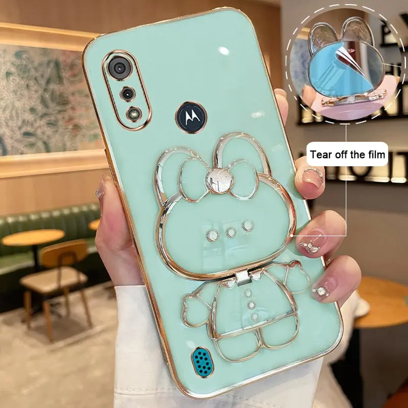 Makeup Mirror Phone Case For Motorola Moto E6S Motorola E6S Plating Cartoon Rabbit Folding Bracket Phone Protection Case Cover