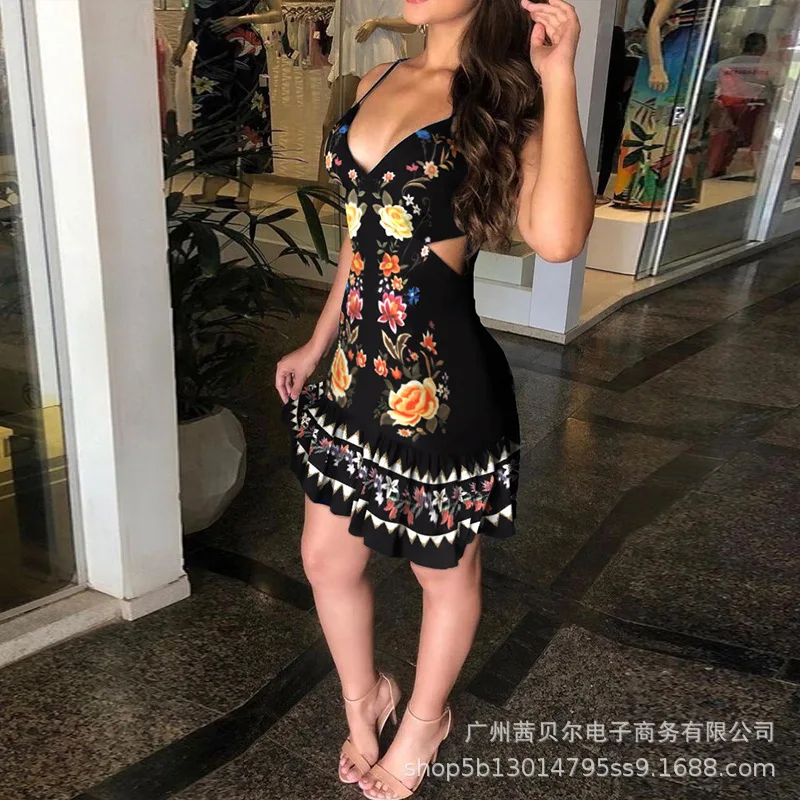 New Tropical Print Sexy Waist Suspender Dress for Women