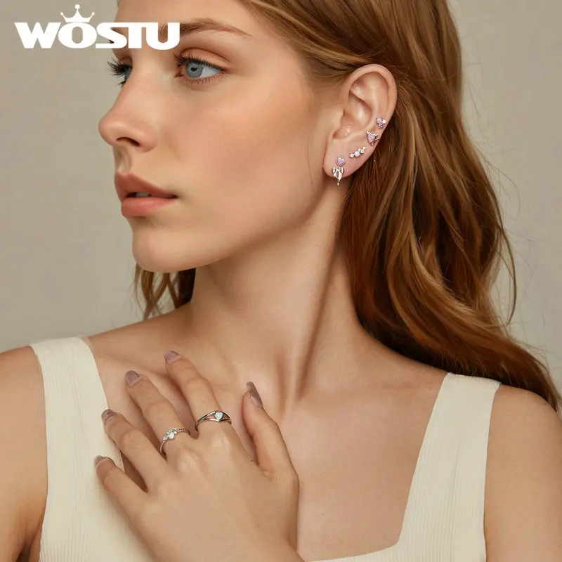 WOSTU Real 925 Sterling Silver Rose White Opal Stud Earrings For Women Heart Bowknot Devil Studs Earring Girl Party Jewelry Gift