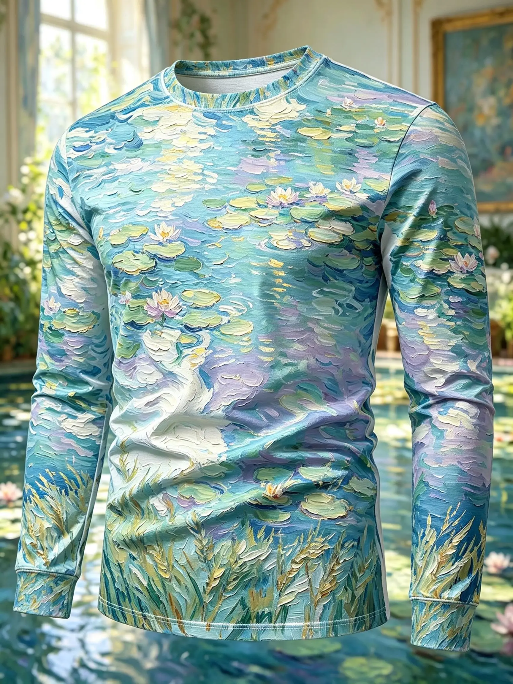 Mens Casual Long Sleeve T-shirt Retro Impressionism Sunflower Vase Floral Artwork Full Print Daily Wear Blouse