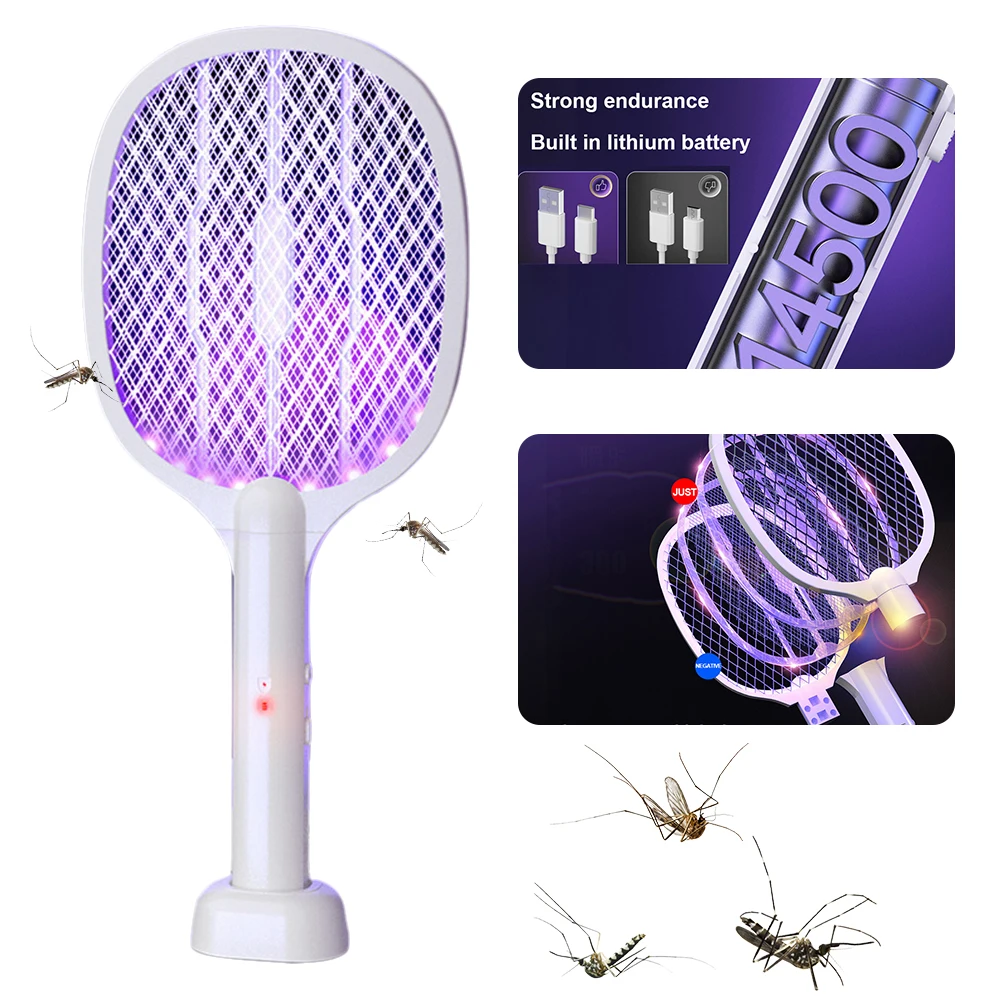 2 in 1 Electric Fly Swatter Handheld Fly Killer and Mosquito Trap Lamp Safe Rechargeable for Home Bedroom Office Indoor Outdoor