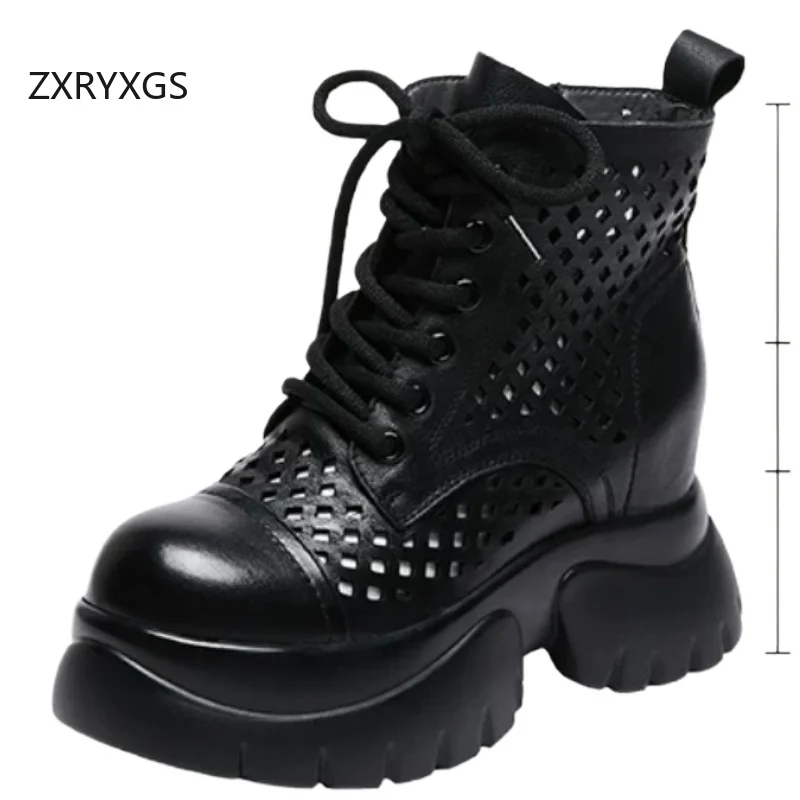 

ZXRYXGS Top Layer Cowhide Hollow Summer Cool Boots 2026 New Trendy Boots Breathable Women Shoes Thick Sole Inside Heighten Boots