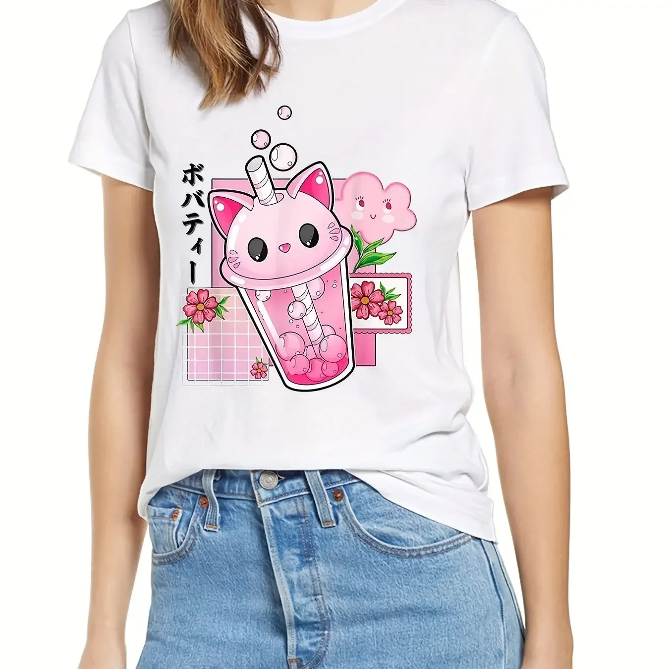 

T-shirt Spring and Summer Women's Clothing Vintage Graphic Boba Tea Cat Bubble Print T-shirt Cute Round Neck Short Sleeve