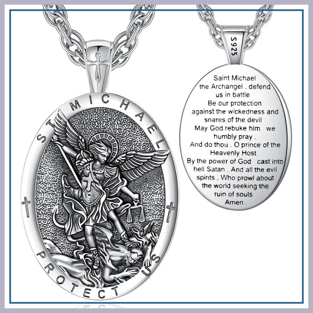 

925 Sterling Silver Catholic Saints Pendant Necklace Set - St Benedict, Michael, Christopher, Raphael, Gabriel, Virgin Mary, Joseph, Anthony, Crucifix, Bible Verse