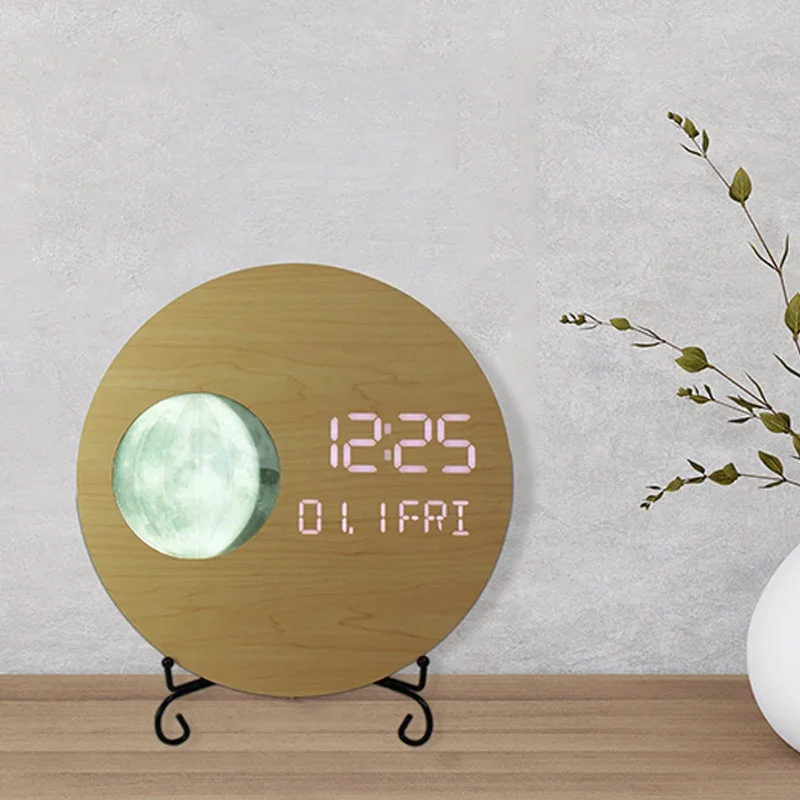 EMAF New large 12 inch luxury LED simulation Moon Phases wooden digital LED wall clock minimalist decorative modern wall clock