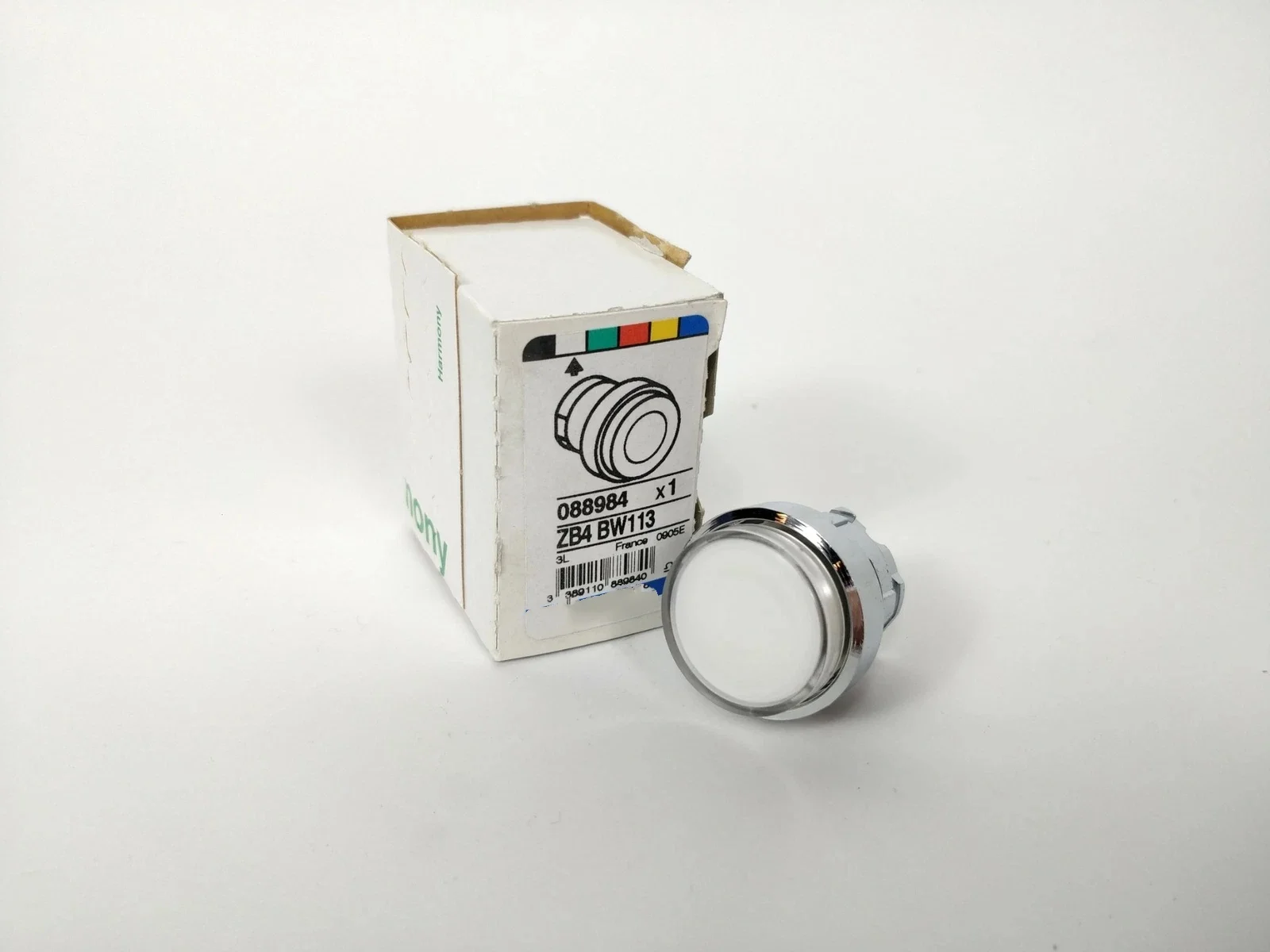 ZB4BW113 Head for illuminated push button, Harmony XB4, metal, white projecting, 22mm, universal LED, spring return, plain lens