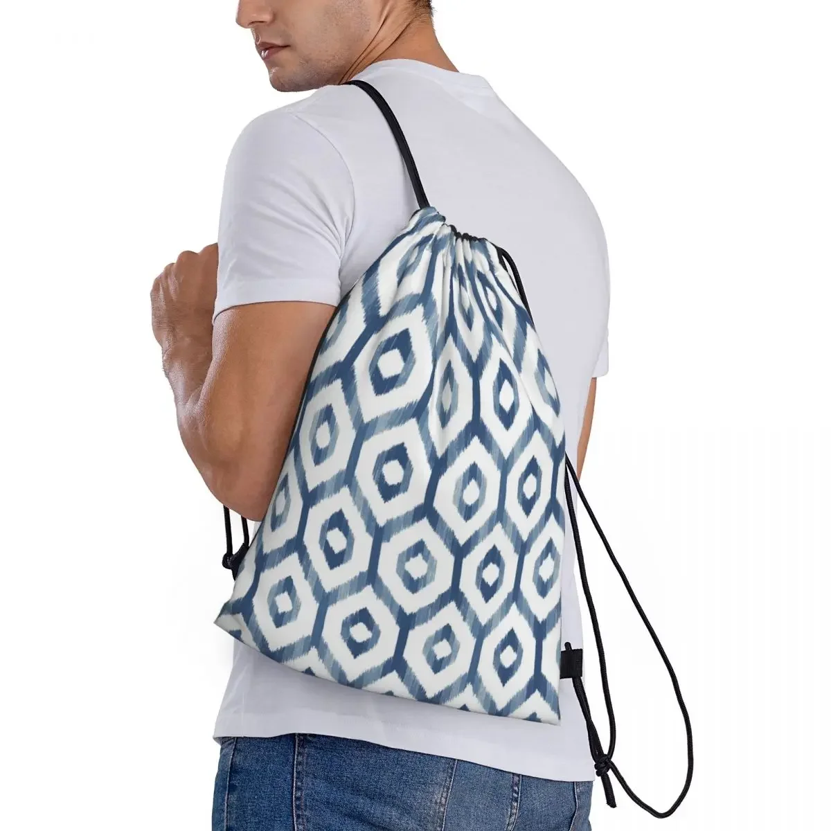 Custom Abstract Blue Hexagonal Art Drawstring Bags  Foldable Sports Gym Sackpack Geometric Wallpaper Training Storage Backpacks