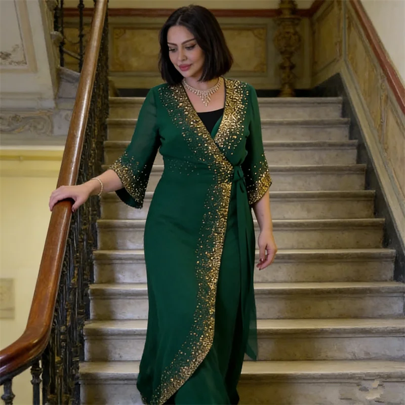 

Elegant Dubai Abaya Diamonds Muslim Sets for Women Wrap Dress Evening Party Gown Kimono Cardigan Morocco Caftan Femme Jalabiya