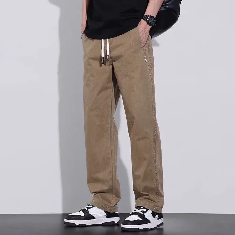 

Straight Casual Pants Men Work Wide Leg Brown Long Cargo Business Work Trousers Loose Drawstring Sweatpants Male