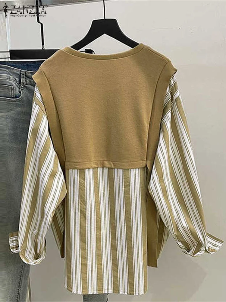 ZANZEA 2025 ฤดูใบไม้ผลิเดินทาง Blusas Tunics Vintage Stripe Patchwork เสื้อวันหยุดเสื้อแขนยาวลําลองหลวมปลอม 2 ชิ้นเสื้อ