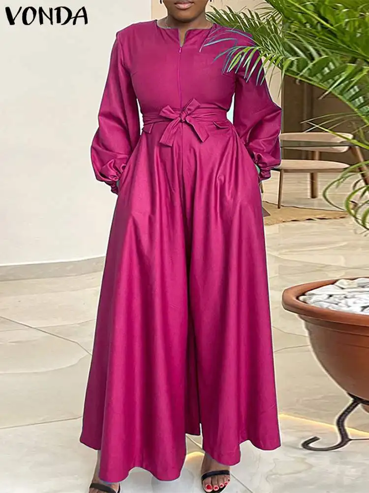 

VONDA Women Elegant Jumpsuit 2024 Casual Rompers Spring Autumn Long Lantern Sleeve Zipper Up O-Neck Wide Leg Pants Belted