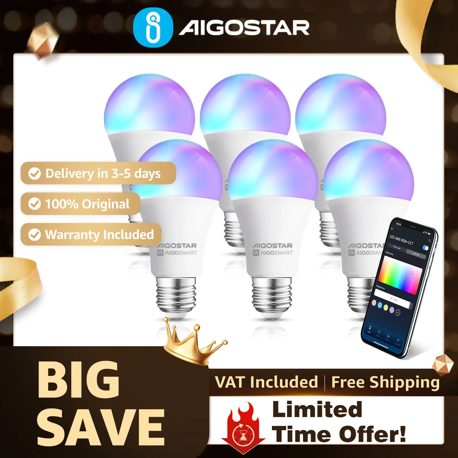 Aigostar Pack 6 Bombillas Inteligentes A60 E27 9W 806LM | WiFi RGB + Blanco Regulable 2700K-6500K | Sincronización Musical, Compatible Alexa/Google
