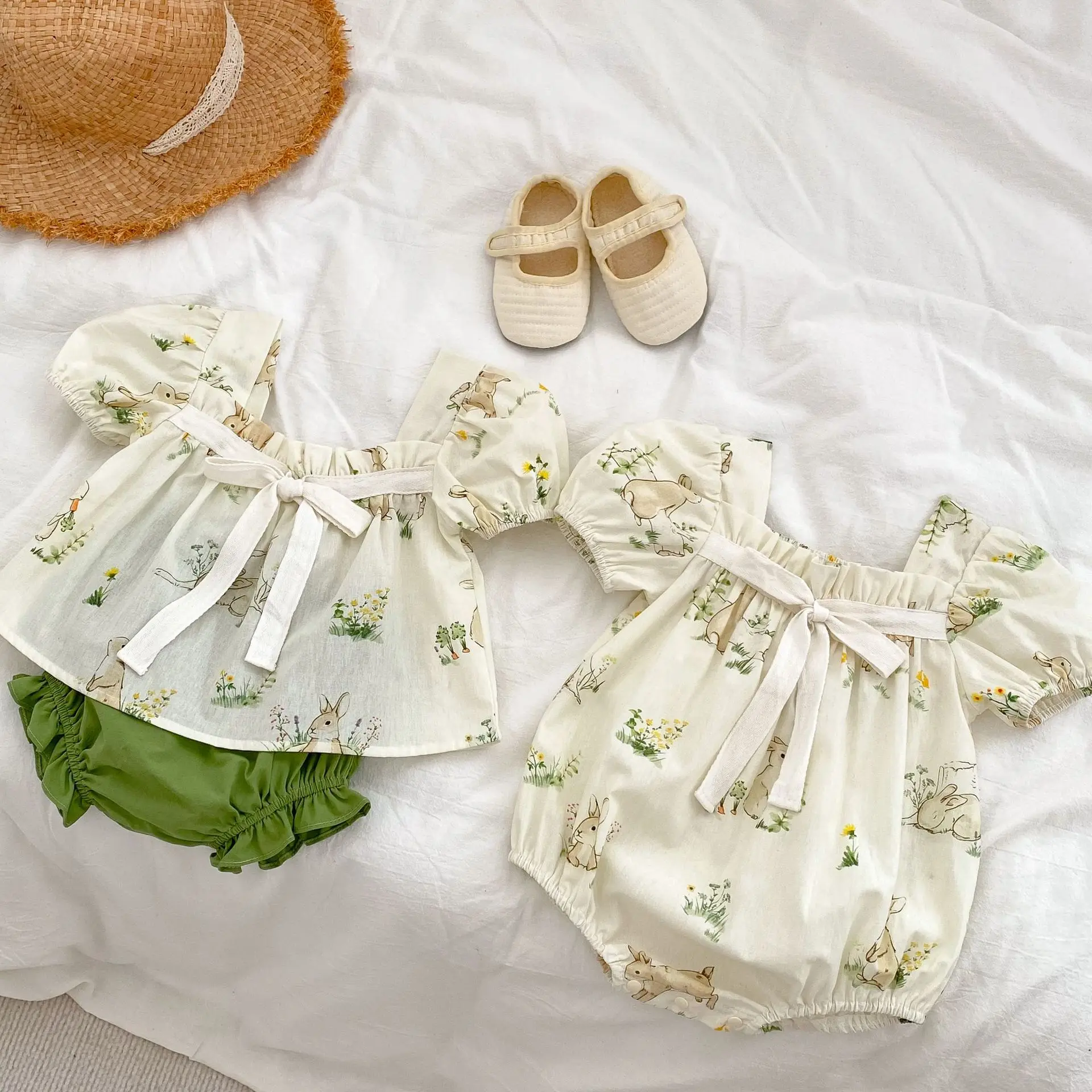 Instagram's new summer baby jumpsuit, rabbit bag, buttocks, bow, bubble, short sleeved jumpsuit, crawling suit