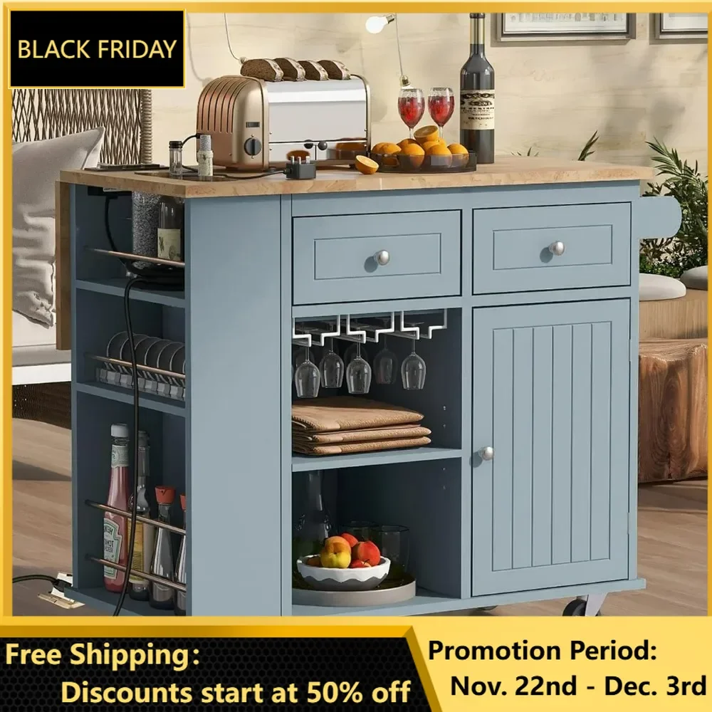 Kitchen Island with Storage Cabinet, Rolling Island Table, Open Storage and Double Drawers, Bar Cart with Drop Leaf Top Trolleys