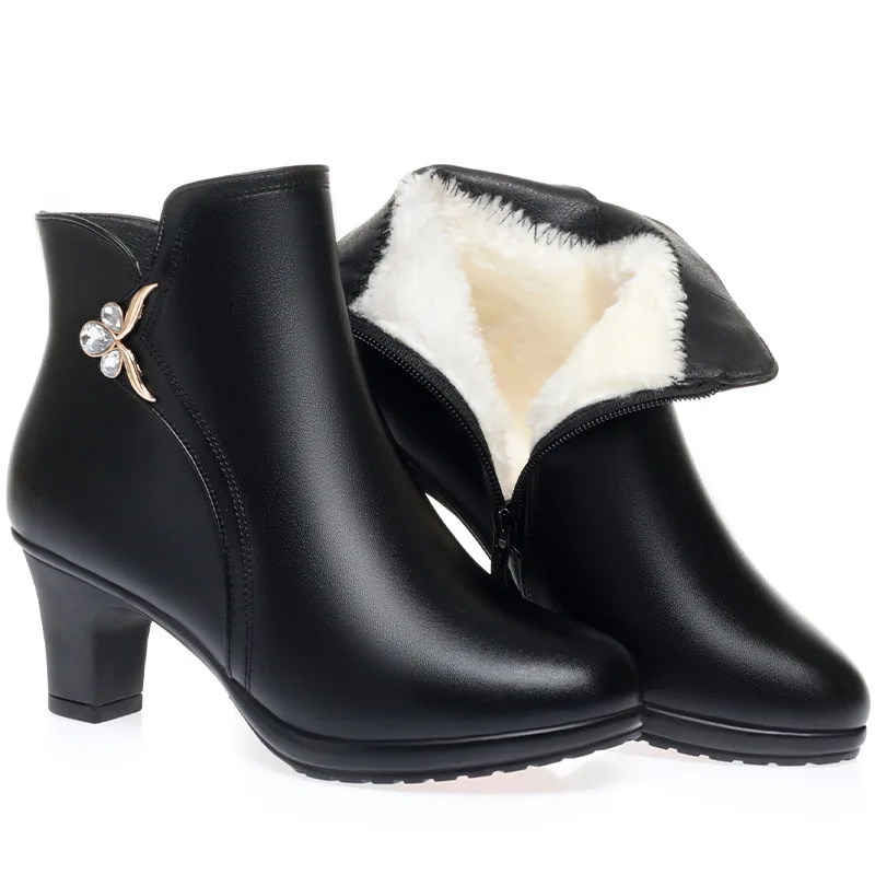 

Женские ботинки на высоком каблуке, новинка 2023, зимние ботинки, женские элегантные модные теплые модные ботинки из толстой шерсти для вечеринок, женские ботинки для мам